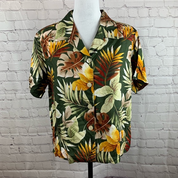 VINTAGE Hawaiian Shirt Button-down Green with Palm Leaves - Picture 3 of 12